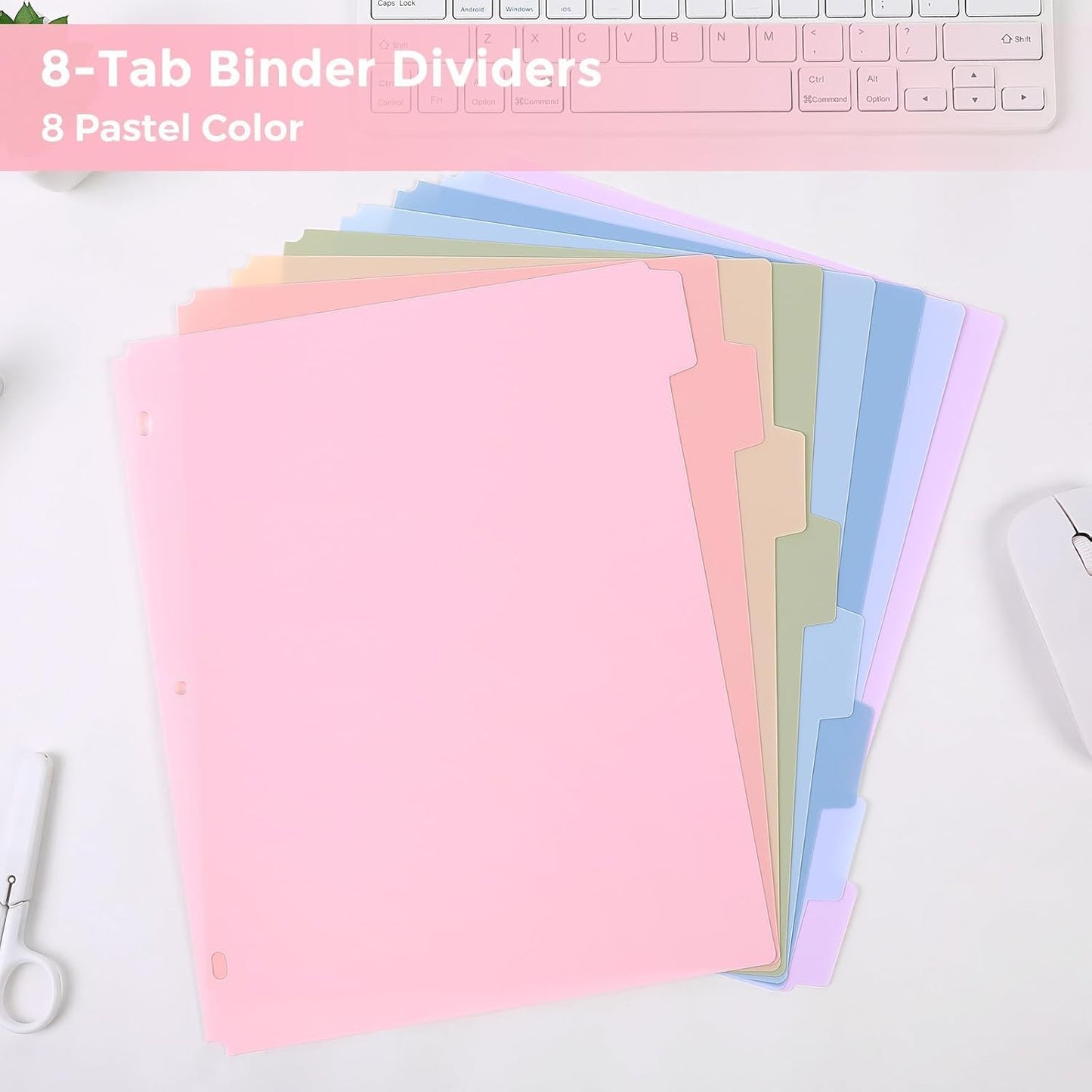 SKYDUE 8 Tab Durable Plastic Dividers, Big Tab Dividers for 3 Ring Binder, Letter Size,Write & Erase Binder Dividers with Tabs, with Sticker Labels, 1 Set, Aesthetic Pastels Binder Dividers