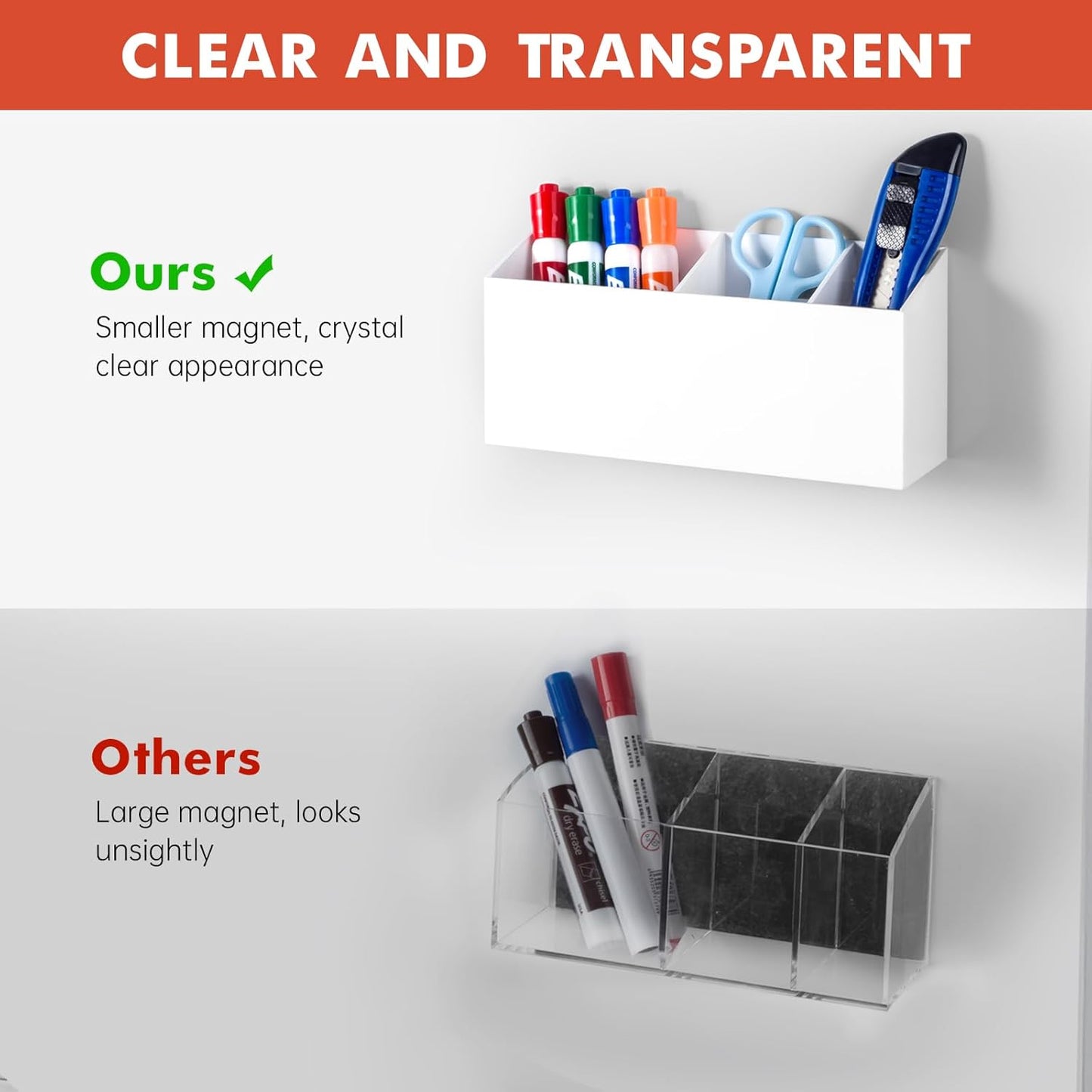 Magnetic Dry Erase Marker Holder, Acrylic Magnet Pen Holder for Whiteboard, Refrigerator, Magnetic Fridge Organizer for Office, Classroom, Whiteboard Maker Holder, Locker Organizer