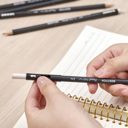 Bostitch, Wood-Cased Pencil Plus, Retractable Eraser, American Cedar Wood, #2 HB, Round, Matte Black, Pre-sharpened, Six Pack