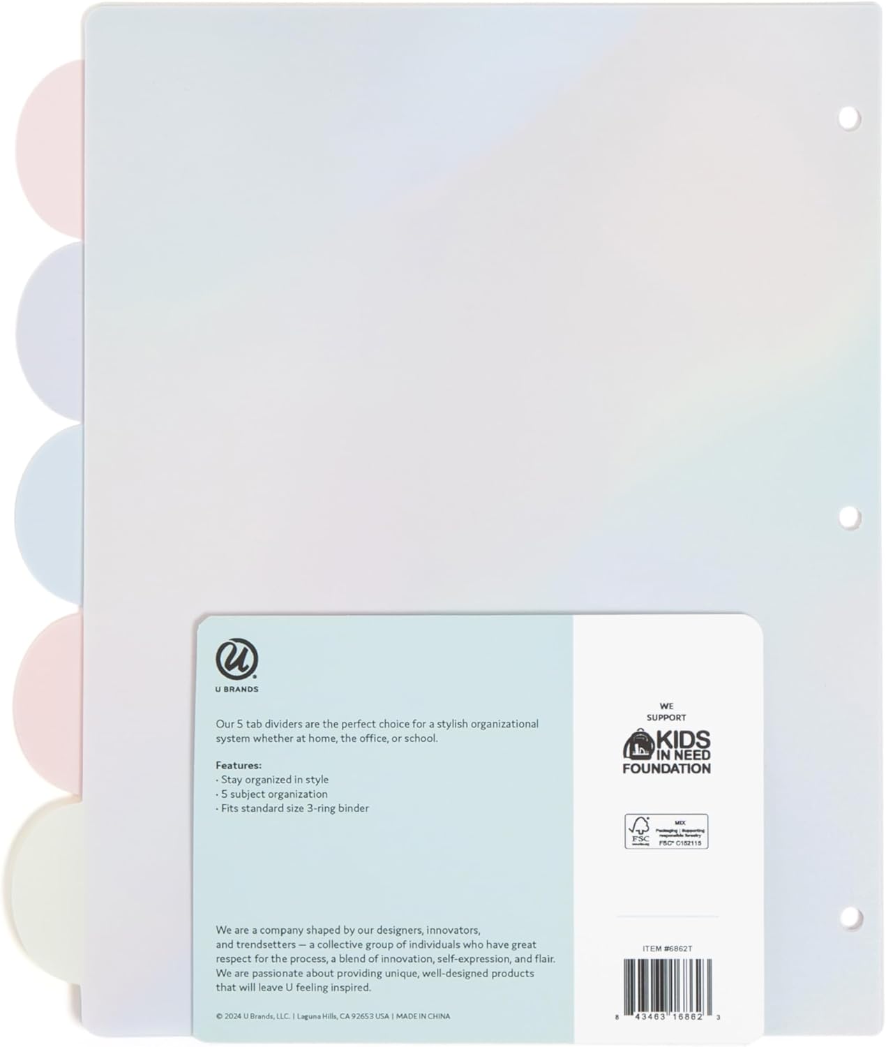 U Brands 5 Tab Poly Plastic Binder Dividers for 3 Ring Binder, 11" x 9.2", Lucent Dreams Pastels, Letter Size, Office Supplies