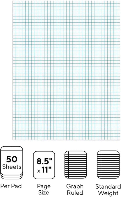 STAPLES Graph Pads, 8.5” x 11”, Graph Ruled, White, 50 Sheets/Pad, 6‑Pack