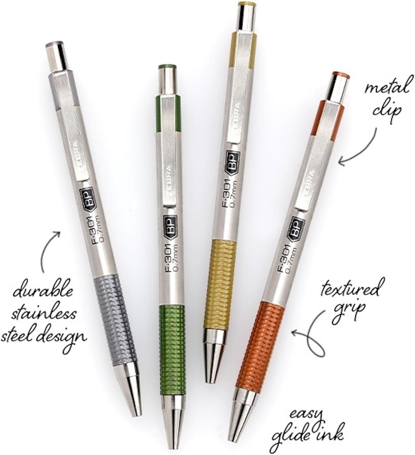 Zebra Pen F-301 Ballpoint Black, Blue, Red and Green Ink, Fine Point 0.7mm Pen, Easy-Glide Ink, Stainless Steel Retractable, Non-Slip Grip, Professional Design, Ideal for Office, 4-Pack (27174)