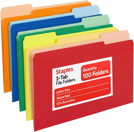 Staples File Folders, Letter Size, 1/3‑Cut Tabs, Purple, Durable 10.5‑Point Paper Stock, 100/Pack