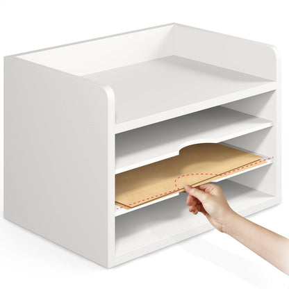 Ballucci File Organizer, 4-Tier Office Desk Organizer, Open Top Wood Paper Organizer for Classroom, Desktop Mail Sorter Paper Tray, Black