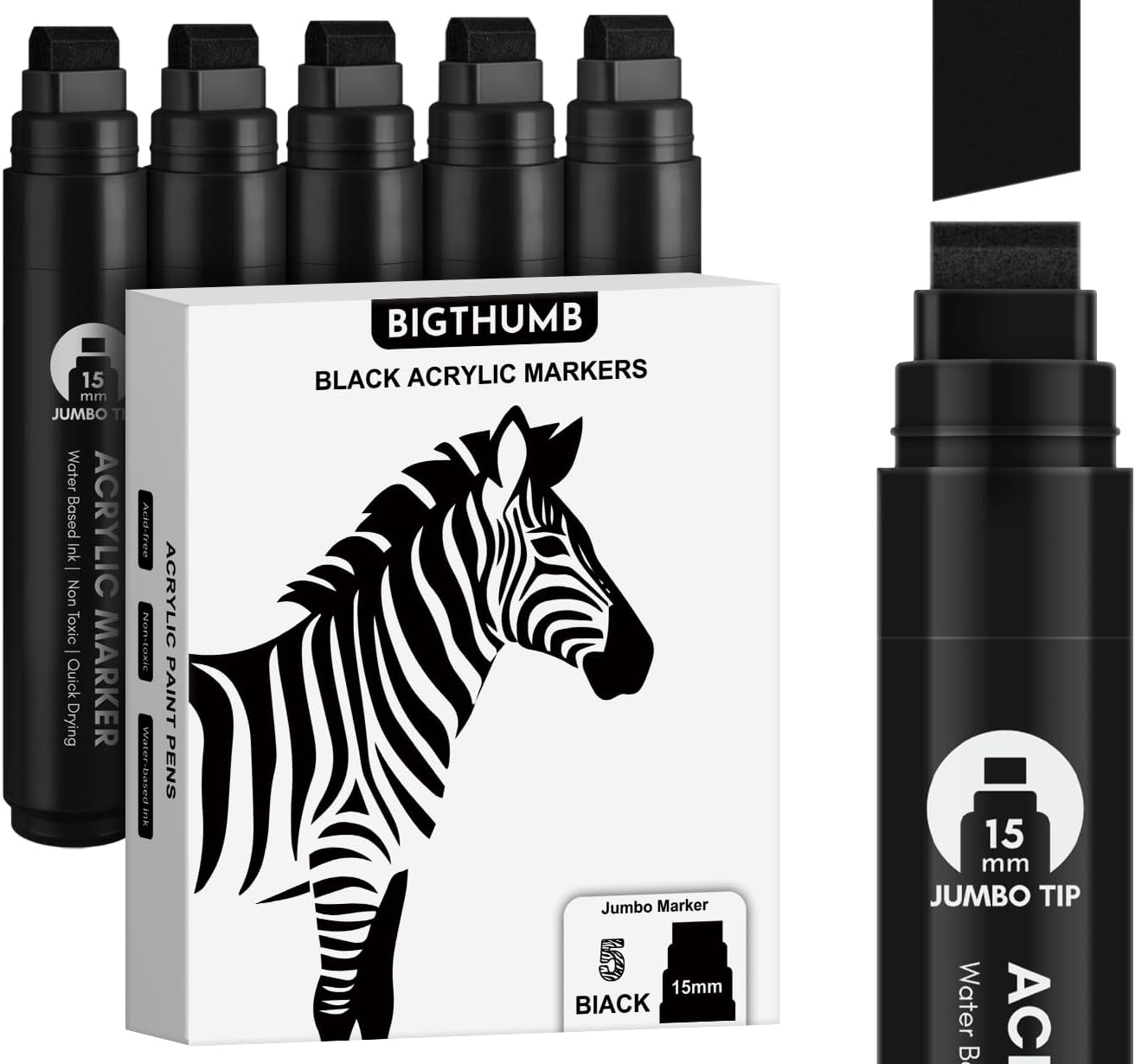 BIGTHUMB Black Poster Markers Jumbo: 5 Pcs 15mm Wide Tip Thick Acrylic Paint Pen Large Permanent Calligraphy Markers for Rock Painting, Stone, Poster, Canvas, Glass, Wood, Ceramic