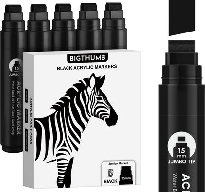 BIGTHUMB Black Poster Markers Jumbo: 5 Pcs 15mm Wide Tip Thick Acrylic Paint Pen Large Permanent Calligraphy Markers for Rock Painting, Stone, Poster, Canvas, Glass, Wood, Ceramic