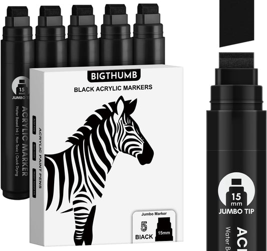 BIGTHUMB Black Poster Markers Jumbo: 5 Pcs 15mm Wide Tip Thick Acrylic Paint Pen Large Permanent Calligraphy Markers for Rock Painting, Stone, Poster, Canvas, Glass, Wood, Ceramic