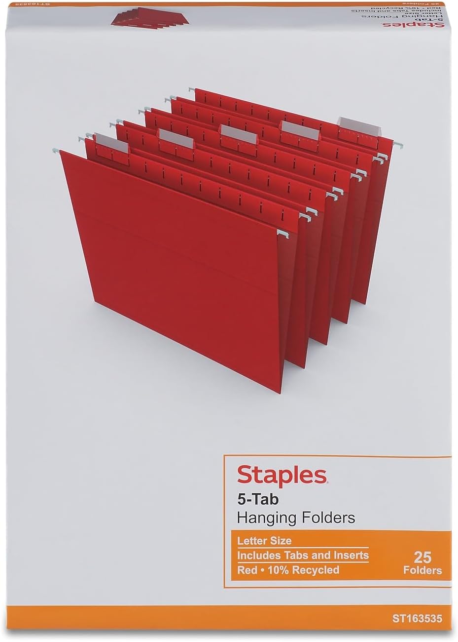 Staples Hanging File Folders, Letter Size, 5‑Tab, Red, Durable Filing Folders – 50/Carton