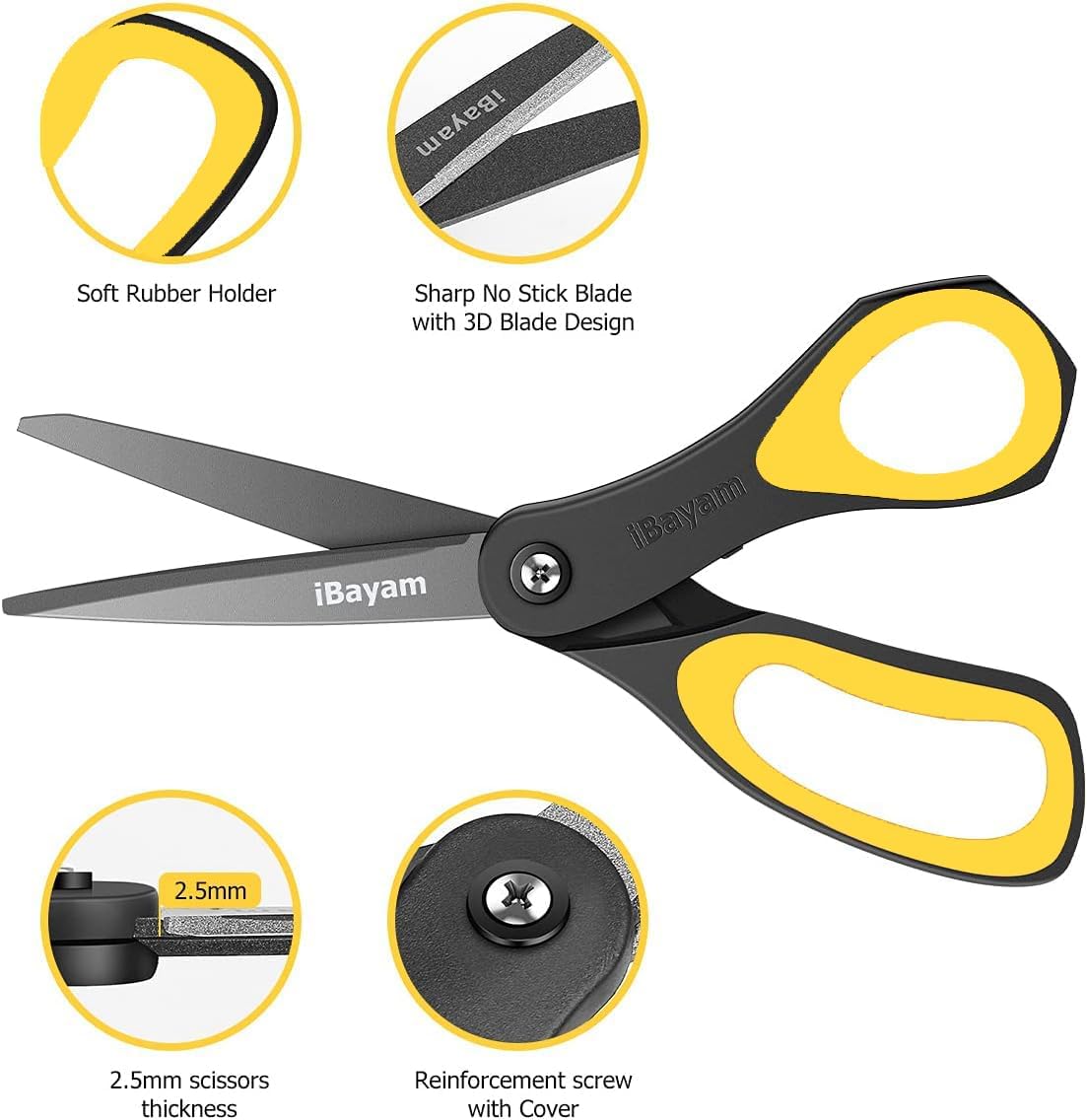 Scissors, iBayam 8" All Purpose Scissors Bulk 3-Pack, Ultra Sharp 2.5mm Thick Blade Shears Comfort-Grip for Aesthetic Fun Cute School Office Teacher Desk Crafts and Art Supplies Accessories Essential