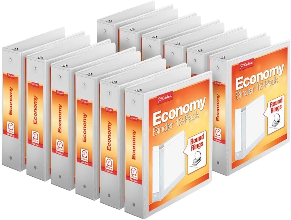 Cardinal Economy 3-Ring Binders, 3", Round Rings, Holds 625 Sheets, ClearVue Presentation View, Non-Stick, White, Carton of 12 (90651)