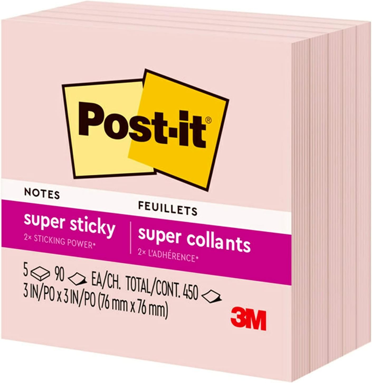 Post-it Super Sticky Notes, 5 Sticky Note Pads, 3 x 3 in., School Supplies, Office Products, for Vertical Surfaces, Monitors, Walls and Windows, First Snow White