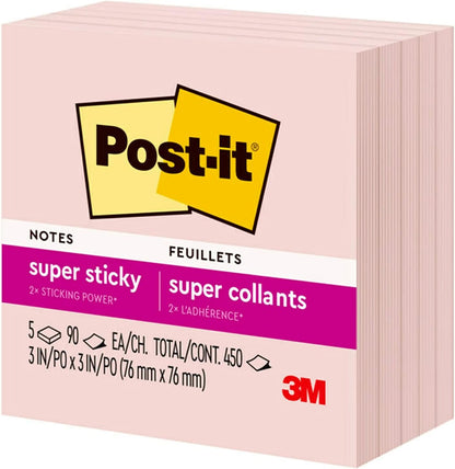 Post-it Super Sticky Notes, 5 Sticky Note Pads, 3 x 3 in., School Supplies, Office Products, for Vertical Surfaces, Monitors, Walls and Windows, First Snow White