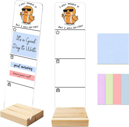 Sticky Notes Monitor Memo Board Acrylic Note Holder with Removable Wooden Base, Everything is Fine Logo Desk Set Includes 200 Sheets Two Sizes Sticky Notes, Office Desk Accessories Organizer