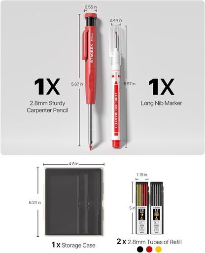 Carpenter Pencils with Sharpener, 2.8mm Mechanical Pencil Set with 26 Refills, Waterproof Deep Hole Long Nib Marker for Architect Marking, Heavy Duty Woodworking Tools for Construction Electricians
