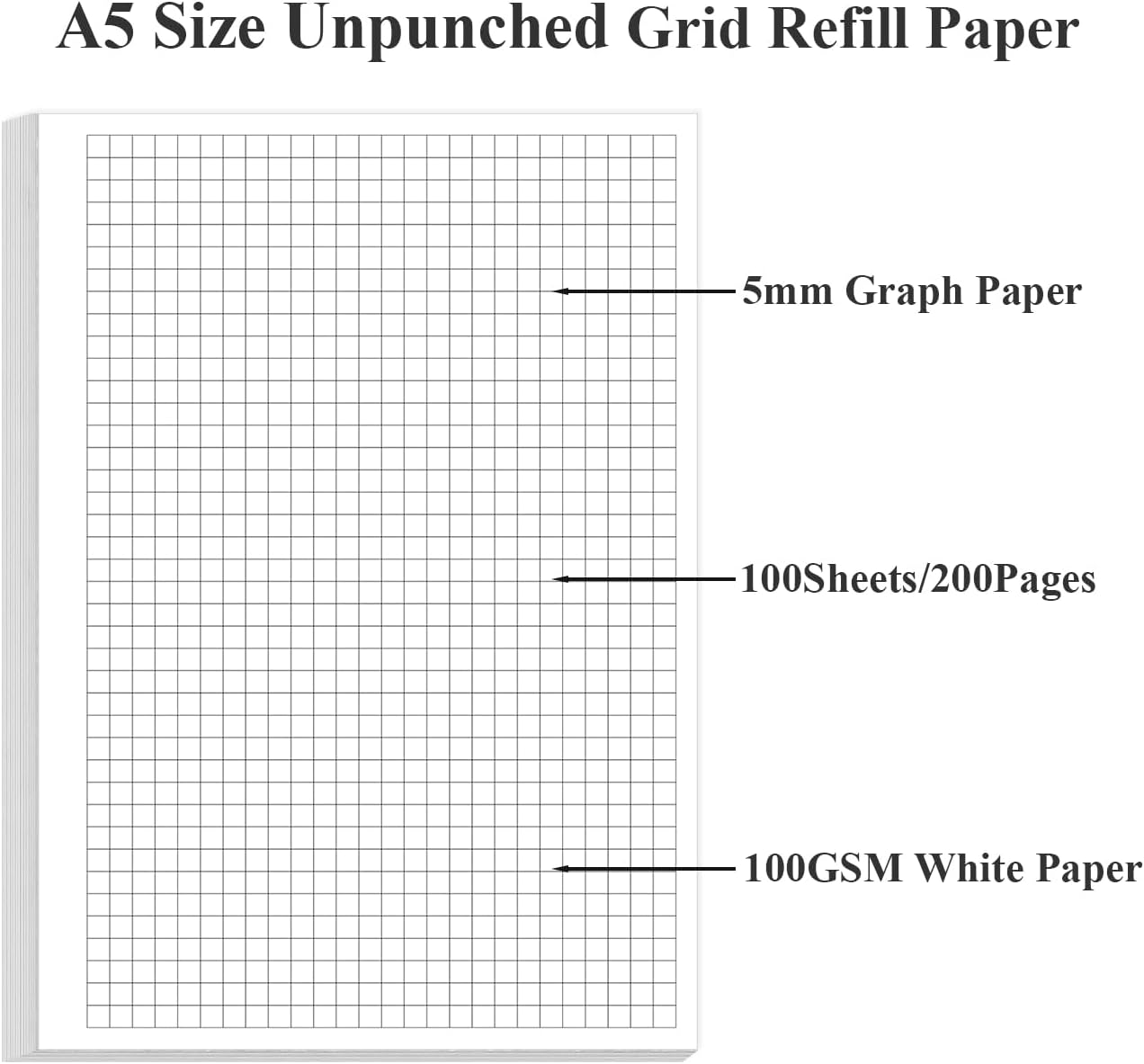 A5 Grid Refill Paper, 6-Hole Graph Paper, 100Sheets / 200Pages Loose-Leaf Grid Paper, 100gsm White Paper, 5.8" x 8.3 "