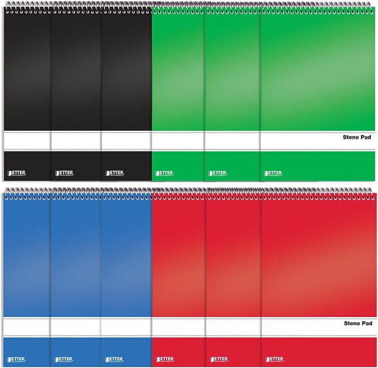 Better Office Products Spiral Steno Pads, 12 Pack, 6 x 9 inches, 80 Sheets, White Paper, Gregg Rule, Assorted Solid Colors (Red, Black, Blue, Green), 12 Steno Notebooks