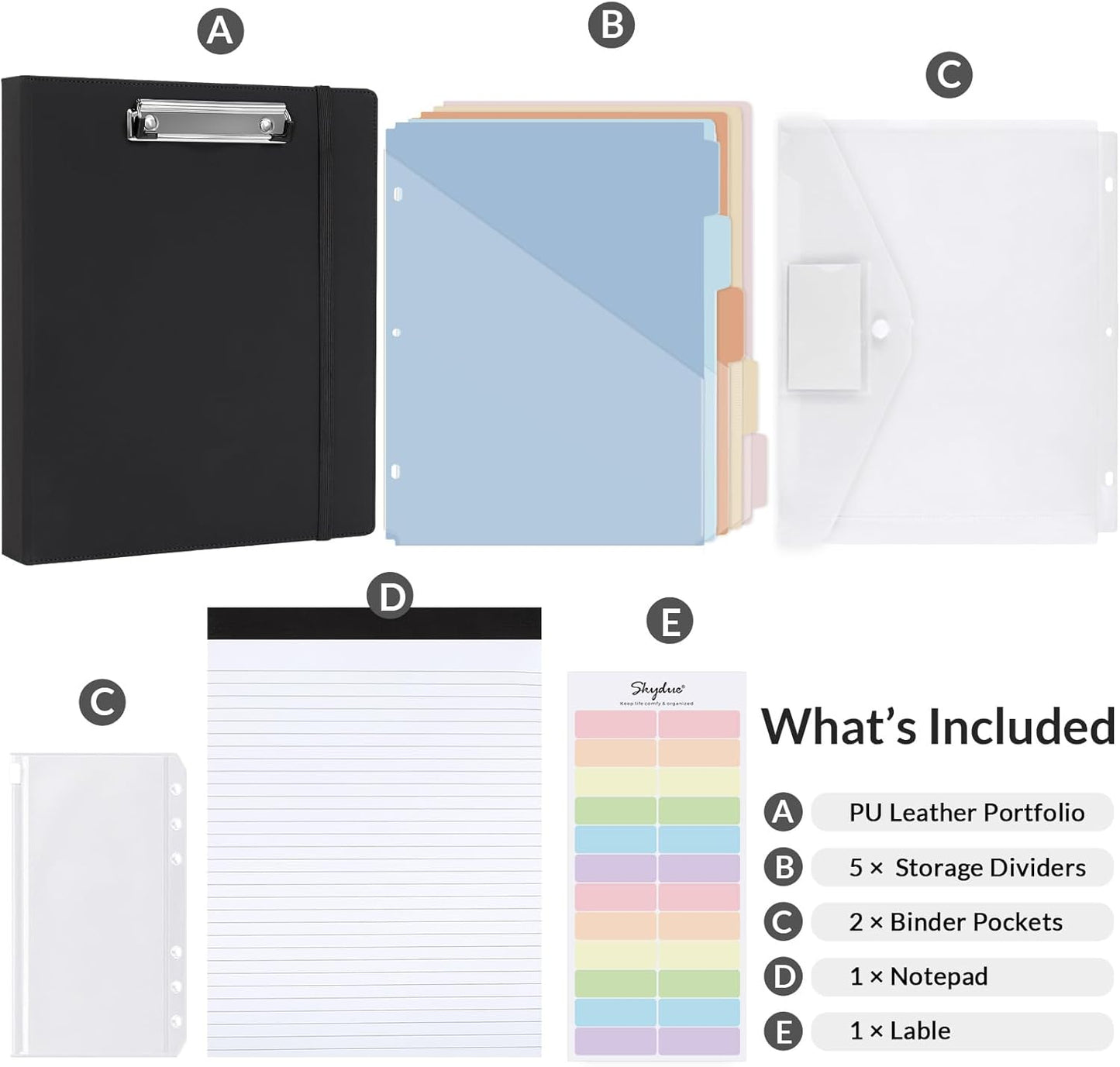 SKYDUE 3 Ring Binder with Clipboard,1 Inch Binder, 13.2" × 10.2" PU Clipboard Binder with Notepad & 5 Dividers with 5 Pockets, Labels, Clipboard Folder Great for School Office(Fit Letter Sized Paper)