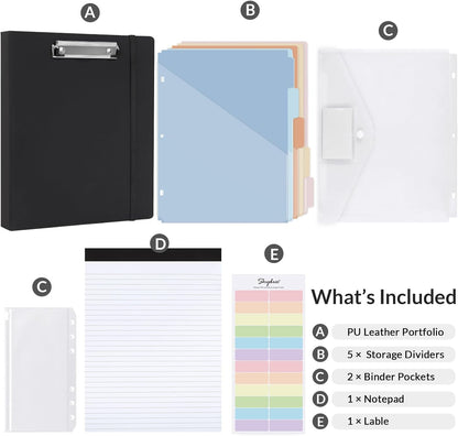 SKYDUE 3 Ring Binder with Clipboard,1 Inch Binder, 13.2" × 10.2" PU Clipboard Binder with Notepad & 5 Dividers with 5 Pockets, Labels, Clipboard Folder Great for School Office(Fit Letter Sized Paper)