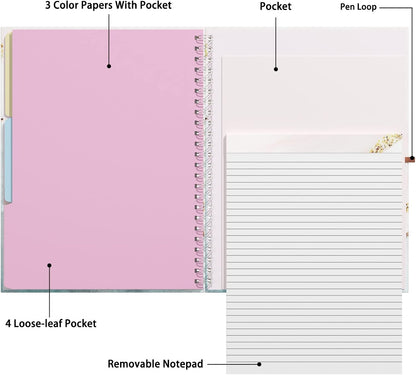 Rimilak Spiral Clipboards Folio with Refillable Lined Notepad, 14.5 x 9.8 In, Hardcover Cover with 5 Interior Pockets, Elastic Band and Pen Loop Series. Cute Stylish Clipfolio, Daisy Flower