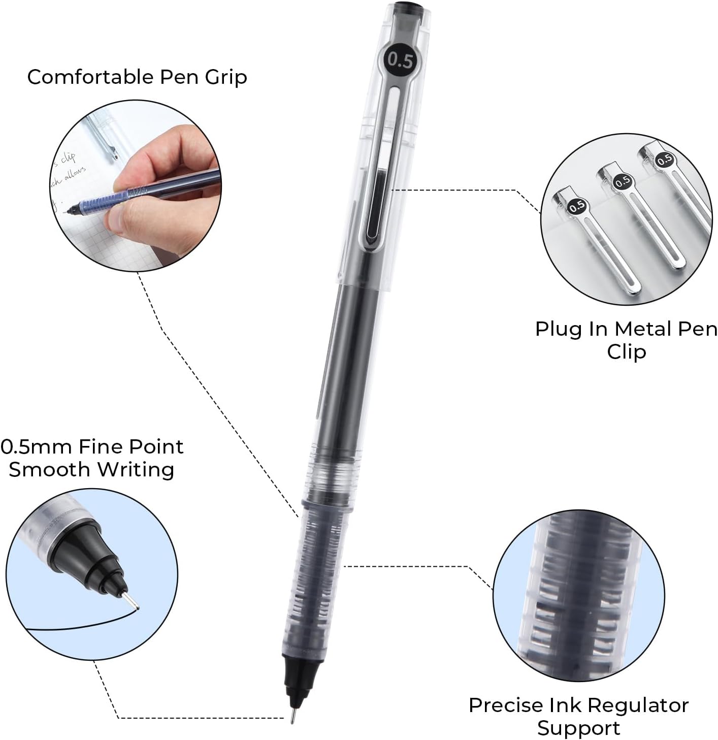M&G Liquid Ink Rollerball Pens 12 Pcs, 0.5mm Black Ink Extra Fine Point Pens, Quick Drying Ink Fine Tip Roller Ball Pens with Plug-In Cover & Anti Slip Grip for Smooth Writing Office School Home Gift
