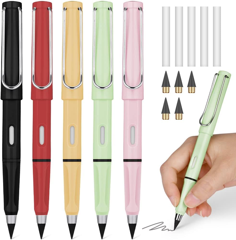 Ainiv Inkless Pencil with Eraser - 5 Sets Infinity Pencil, Reusable with Extra 5 Eraser & 5 Replaceable Nibs for Home, Office & School Writing, Drawing