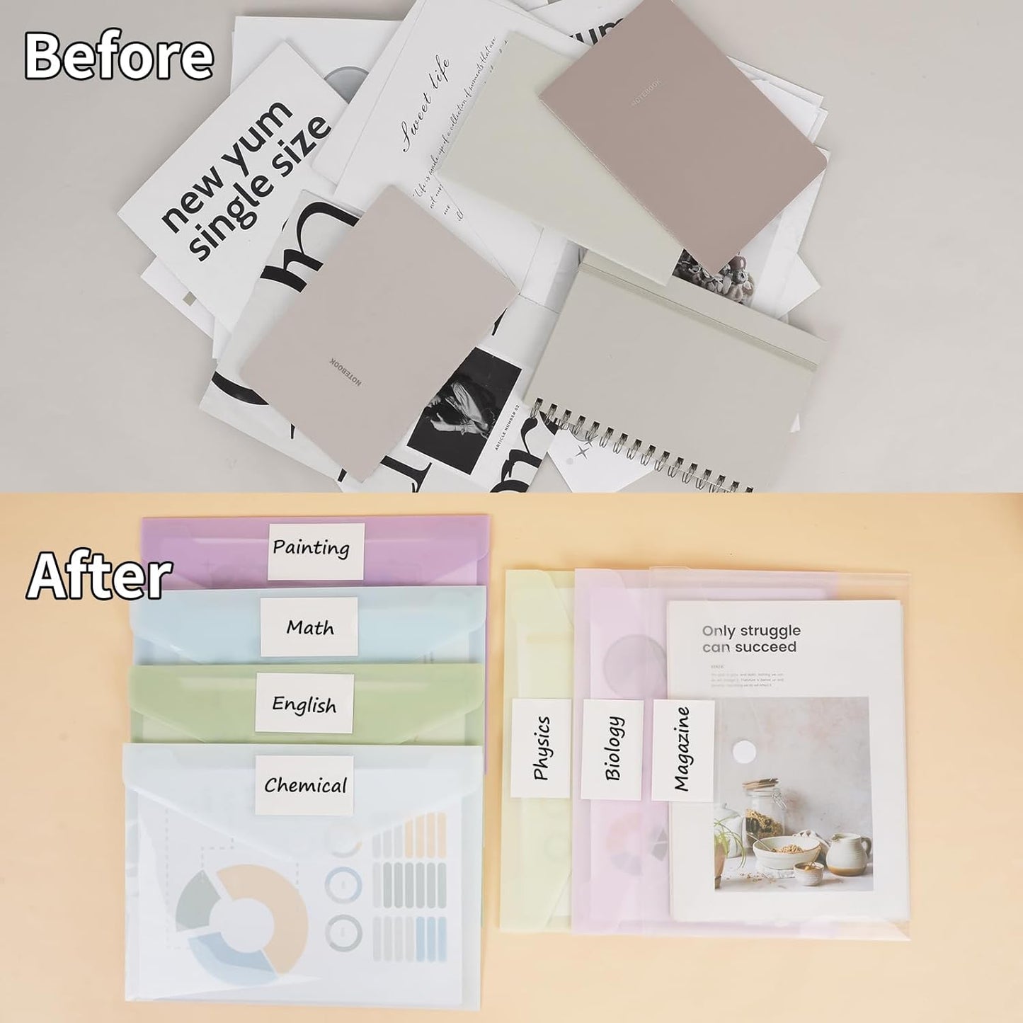 EOOUT 30 Pack 10 Color Plastic Envelopes Poly Envelopes, Hook & Loop Closure File Folders Clear Document Folders File Envelopes with Label Pocket A4 Size
