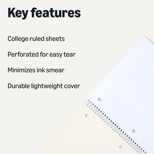 Amazon Basics College Ruled Spiral Notebook, For Work and School, 70 Sheets, 8" x 10.5", Assorted Solid Colors, 5 pack