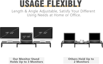 TAVR Dual Monitor Stand Riser Office Desktop Organizer Stand for 2 Monitors, Adjustable Length and Angle 3 Shelf, Extra Long Multifunctional Wooden Stand up to 43.3" fit Computer, Laptop, TV, Black