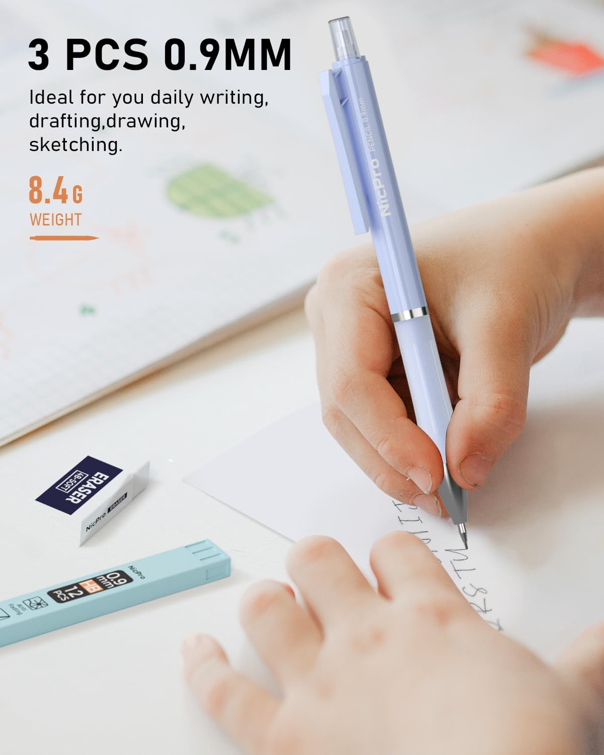 Nicpro 3PCS Cute Mechanical Pencil Set with Case, 0.7 mm Pencils with 6 Tube HB Lead Refill, 3PCS Eraser, 9PCS Eraser Refill for School Supplies Student Writing, Drafting Drawing Sketching