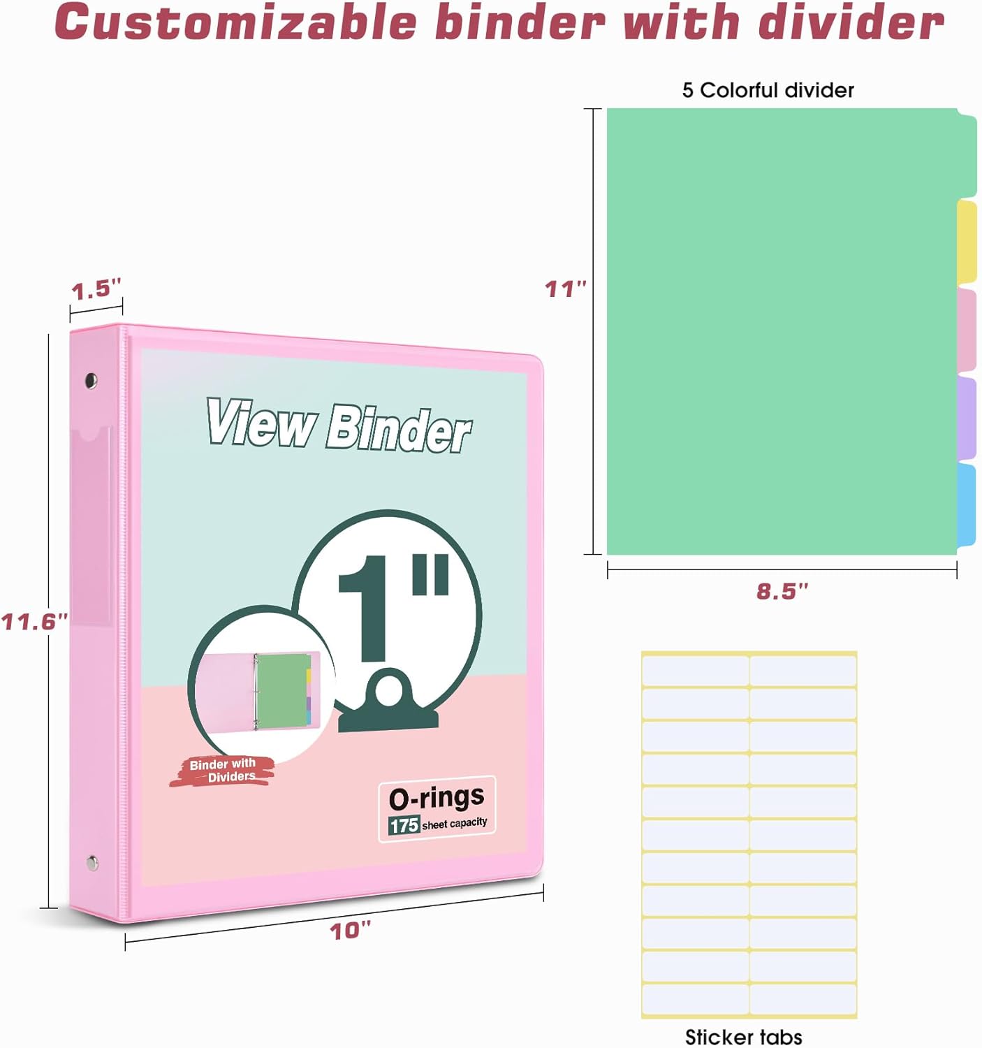 3 Ring Binder 1.5 inch，Cute Binder Organizer with 5 Tab Dividers Fits 175 Sheets of 8.5x11 Paper,Customizable Clear Cover with Inside Pockets,Aesthetic 1.5" Three Ring Binders for School Office,Purple