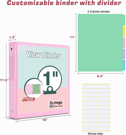 3 Ring Binder 1.5 inch，Cute Binder Organizer with 5 Tab Dividers Fits 175 Sheets of 8.5x11 Paper,Customizable Clear Cover with Inside Pockets,Aesthetic 1.5" Three Ring Binders for School Office,Purple