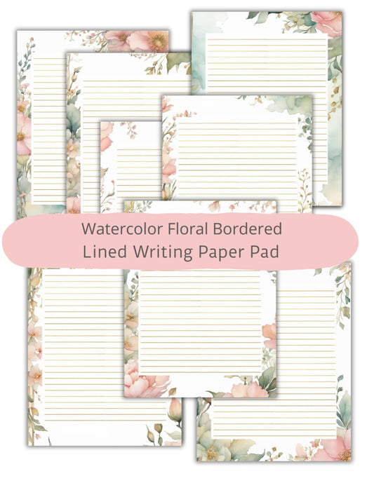 40 Sheets of Watercolor Floral Bordered Lined Writing Paper Pad: Decorative Stationery for Letters, Journaling, Notes & Creative Writing, Personalised Invitations: 8 Designs, 8.5 x 11"