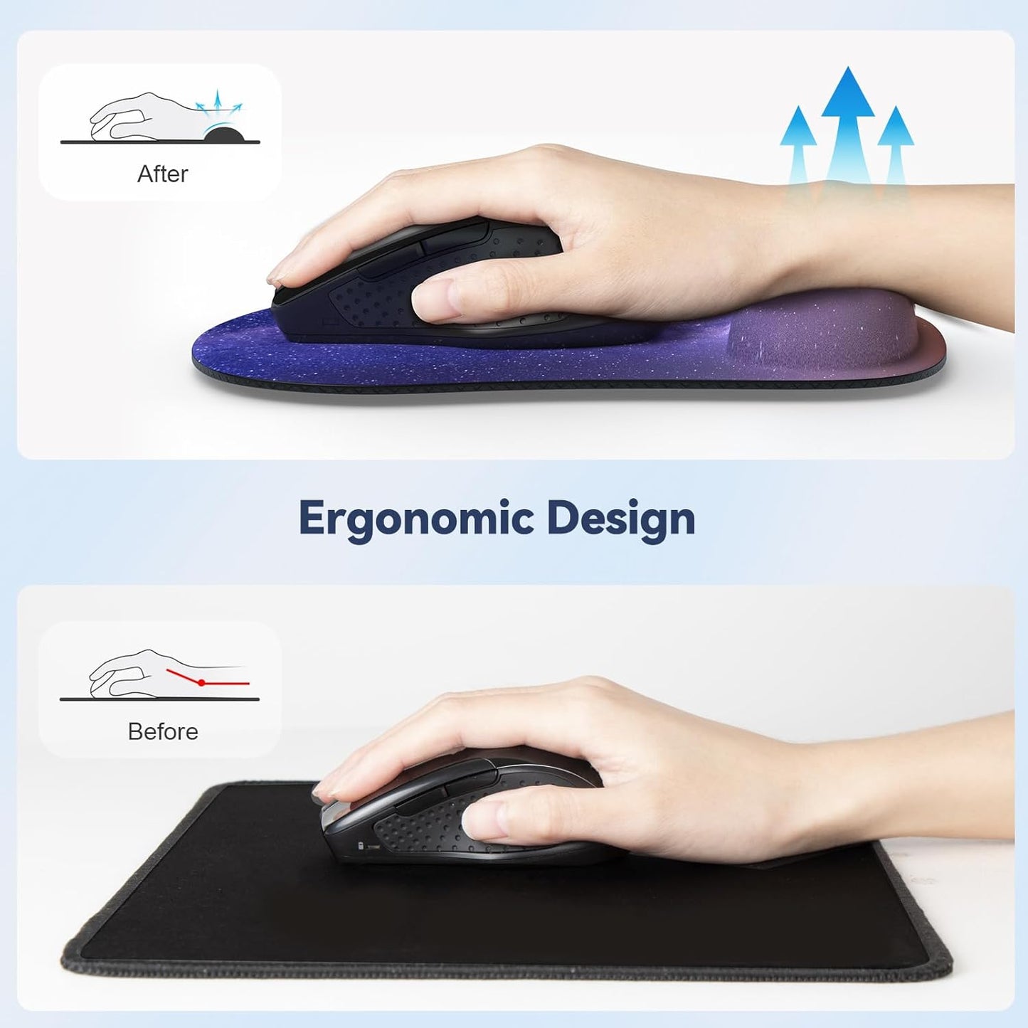 TECKNET Mouse Pad with Wrist Support, Ergonomic Gaming Mouse Pad Pain Relief, Portable Comfortable Mousepad for Computer, Laptop, Office, Home and Travel, Non-Slip Base, Waterproof Surface, Black