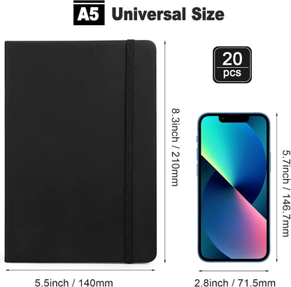 Honoson 20 Pack Lined Journal Notebooks A5 Hardcover Executive Notebook 5.5" x 8.3" PU Leather Wide Ruled Journals Bulk with Elastic Band for Home Business Office School Supplies(Black)