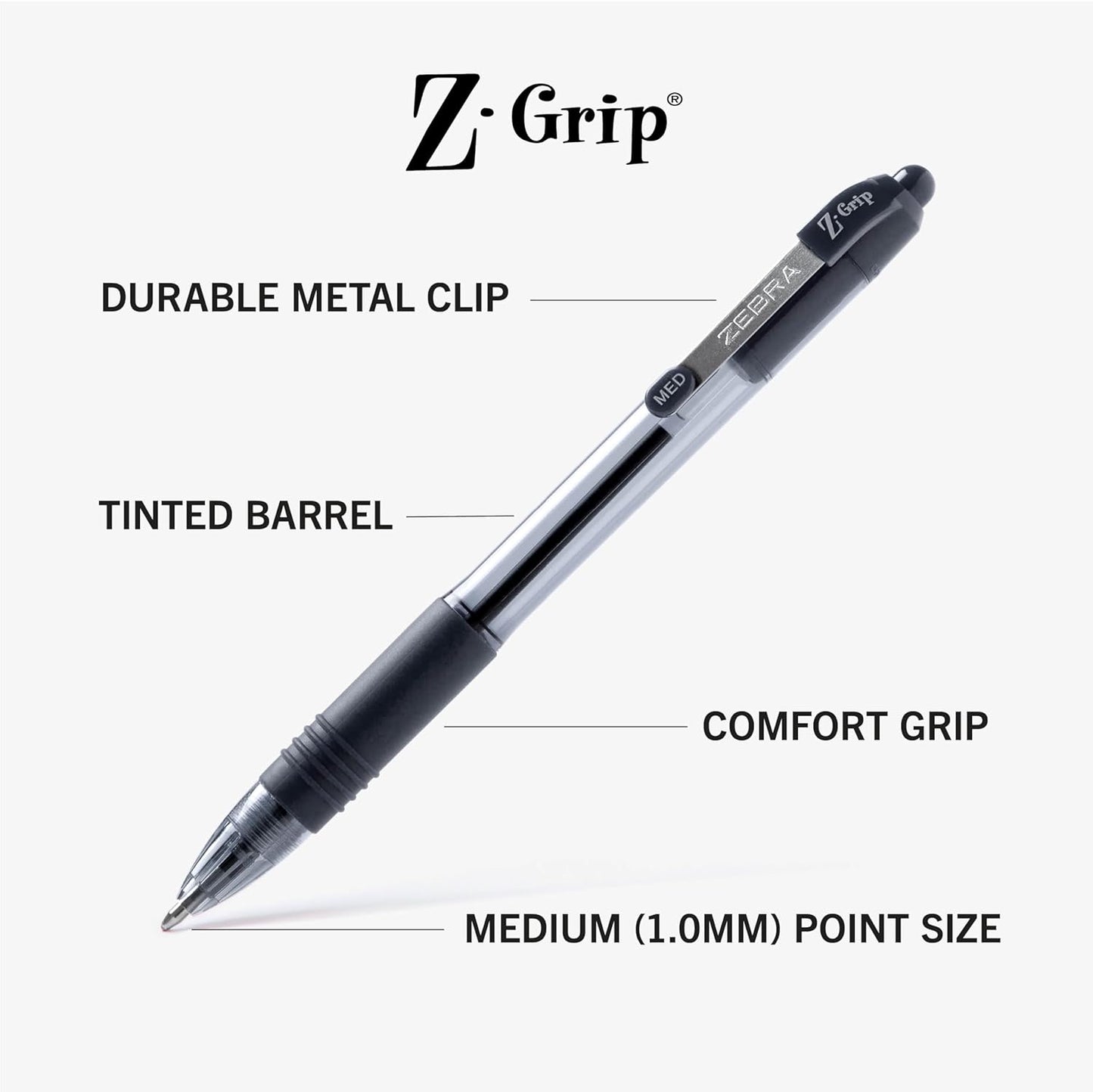 Zebra Pen Z-Grip Retractable Ballpoint Pen, Smooth-Flowing Black Ink, 1.0mm Medium Point, School & Office Supplies, Ideal for Note-Taking, Journal and Planner Use, 18-Pack (22218)