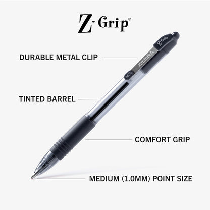 Zebra Pen Z-Grip Retractable Ballpoint Pen, Smooth-Flowing Black Ink, 1.0mm Medium Point, School & Office Supplies, Ideal for Note-Taking, Journal and Planner Use, 18-Pack (22218)