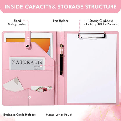 Marspark Pink Padfolio with Clipboard Folder Binder Pad Holder PU Leather Clipboard for A4 Letter Size Notepad Writing Pad for Women School Office Business Meeting
