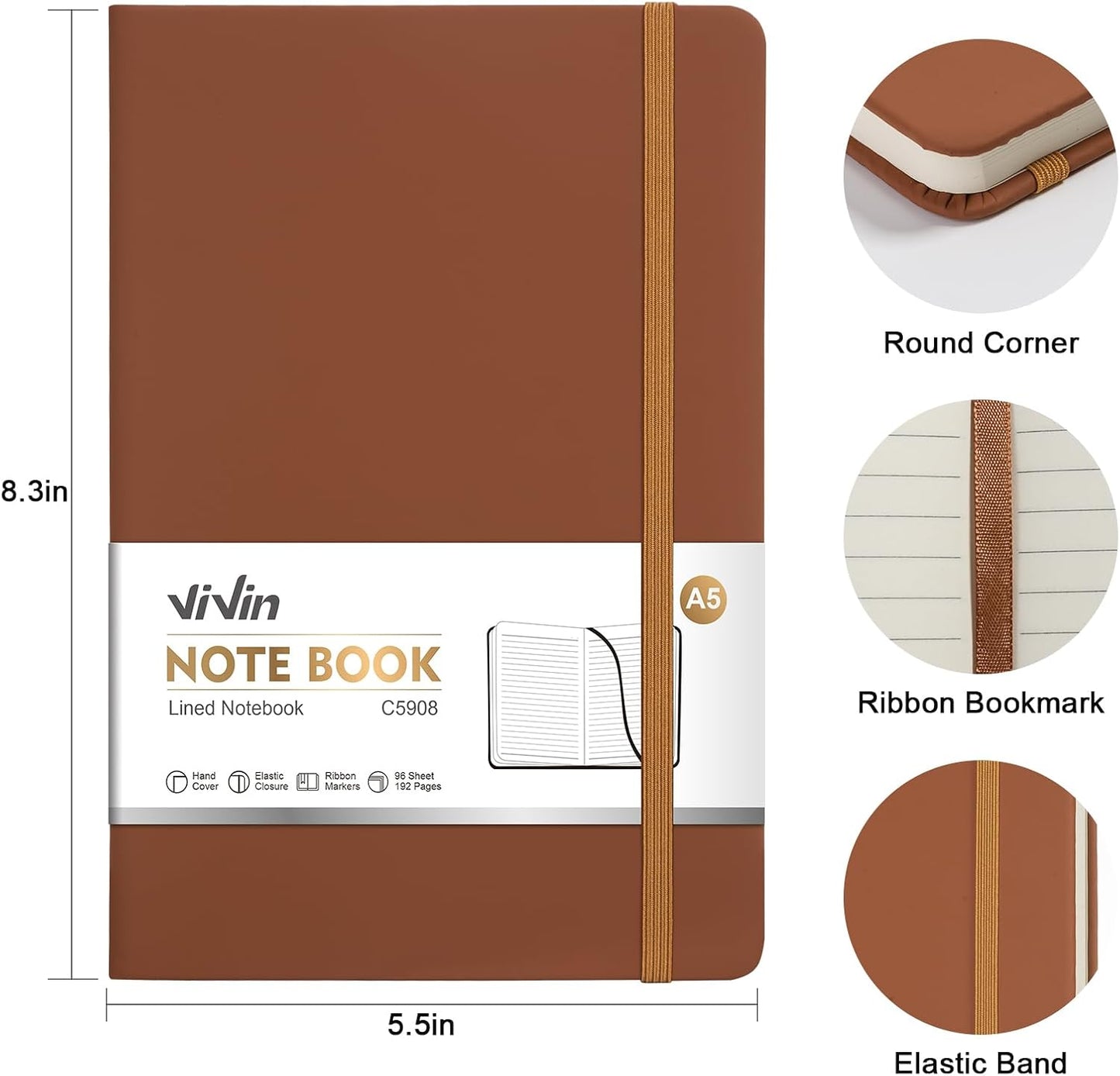 ViVin Lined Journal Notebooks for Work, 192 Pages, Medium 5.5 x 8.3 inch, College Ruled, A5 Hardcover Journaling Notebooks for Writing, 8 Pack Bulk,Black