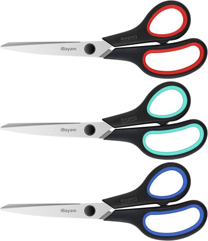 Scissors, iBayam 8" All Purpose Scissors Bulk 3-Pack, Ultra Sharp 2.5mm Thick Blade Shears Comfort-Grip for Aesthetic Fun Cute School Office Teacher Desk Crafts and Art Supplies Accessories Essential