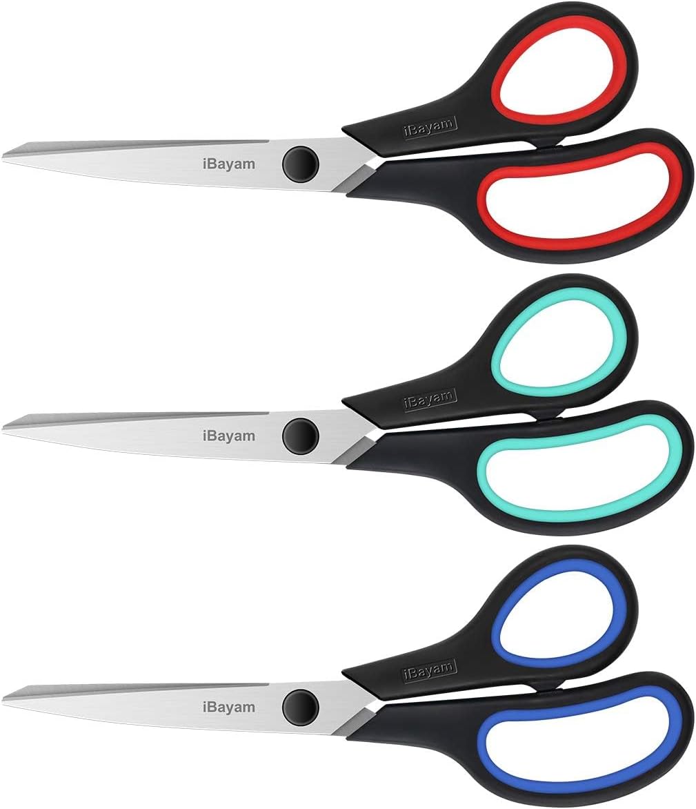 Scissors, iBayam 8" All Purpose Scissors Bulk 3-Pack, Ultra Sharp 2.5mm Thick Blade Shears Comfort-Grip for Aesthetic Fun Cute School Office Teacher Desk Crafts and Art Supplies Accessories Essential