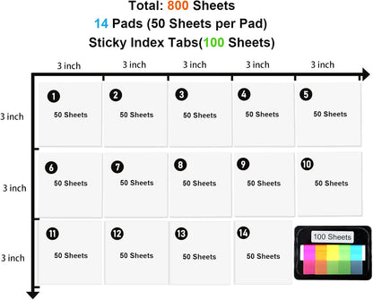 800 Sheets Transparent Sticky Notes, 3x3 Inch 14 Pads Self-Adhesive Translucent Clear See Through Post Sticky Notes for Planner Office School College Teacher Student Supplies 6 Bright Color