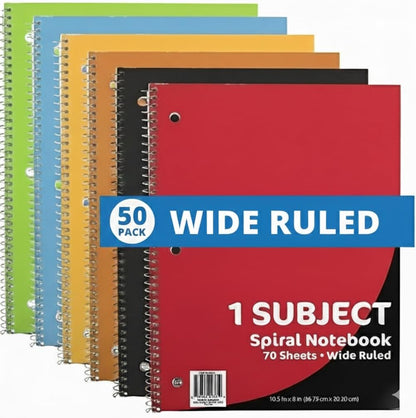 Trail maker Bulk Notebooks (50 Pack), One Subject Notebooks Wide Ruled, 140 Pages (70 Sheets),Spiral Bulk Notebooks for Kids, School Supplies, Journaling, Note Taking, Students, and Work