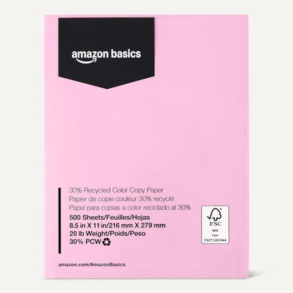 Amazon Basics 30% Recycled Color Copy Paper, 8.5" x 11", 20lb, Pastel Pink, 500 Sheets