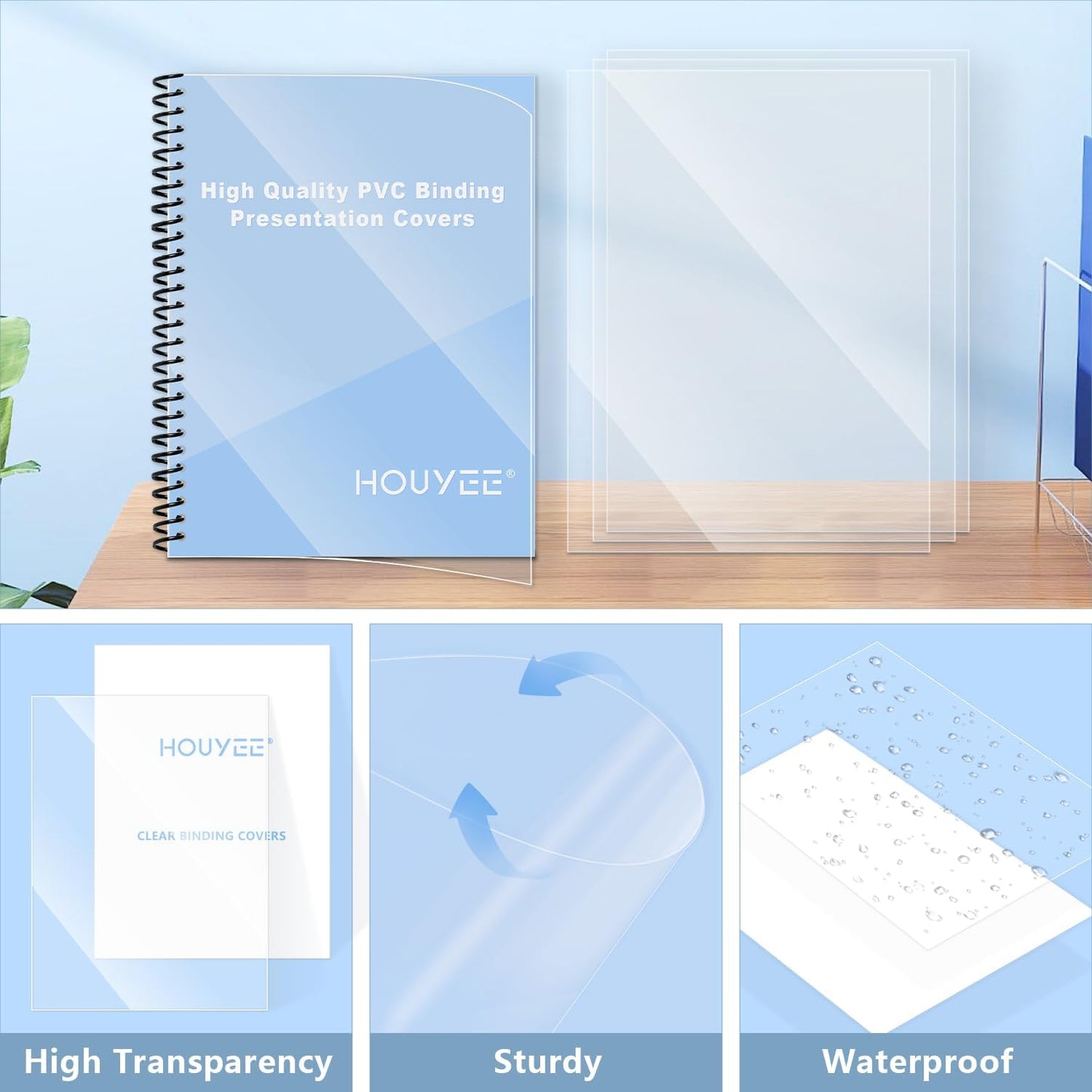 HOUYEE 100 Pack10 Mil Clear Binding Presentation Covers, PVC Report Cover Sheets for Binding, Square Corner, 8.5 x11 Inches, Letter Size