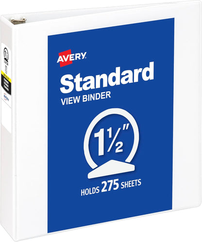 Avery Standard View 3 Ring Binder, 1.5" Round Rings, 275-Sheet Capacity, 2.1 Inch Wide Spine, 1 White Binder, Ideal for Lightweight Organization and Occasional Referencing (05770)