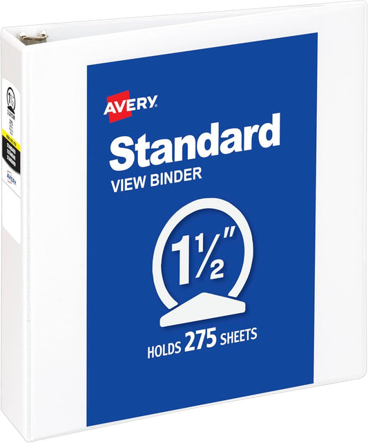 Avery Standard View 3 Ring Binder, 1.5" Round Rings, 275-Sheet Capacity, 2.1 Inch Wide Spine, 1 White Binder, Ideal for Lightweight Organization and Occasional Referencing (05770)