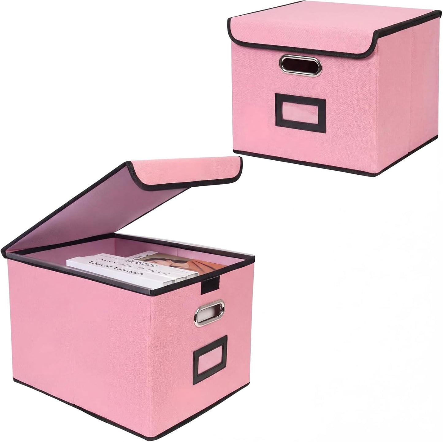 File Storage Box with Lid, 15.55x12.87x10.43 Inches, Foldable Organizer with Handles & Label Slot, for File Storage, Home, Office, and Closet Organization(Pink)