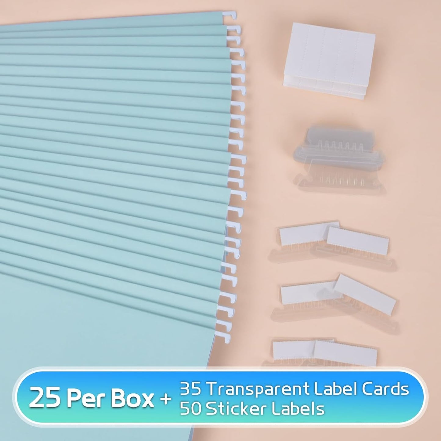 25-Pack Green Hanging File Folders, Letter Size (8.5" x 11") with 1/5-Cut Tabs,Includes 35 Transparent Label Cards & 50 Sticker Labels for Home & Office Organization