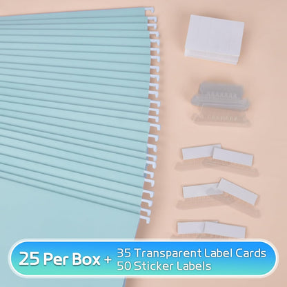 25-Pack Green Hanging File Folders, Letter Size (8.5" x 11") with 1/5-Cut Tabs,Includes 35 Transparent Label Cards & 50 Sticker Labels for Home & Office Organization