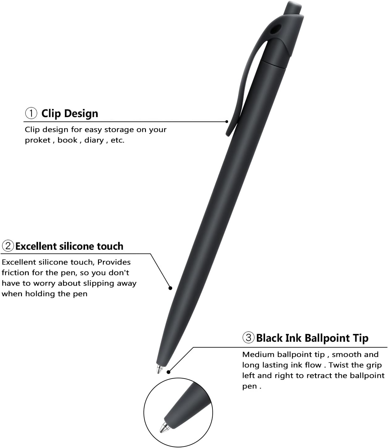 Aozora Pens Bulk 30 Pack Black Click Pens No Bleed Wholesale Retractable Ballpoint Pens Medium Point,Smooth Ink Pens for Journaling School Office Supplies 1.0MM Black Ink